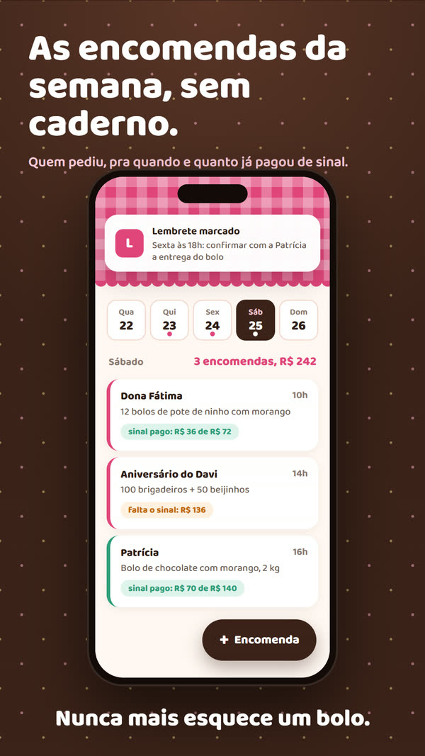 App de encomendas de bolo: lista da semana com quem pediu, pra quando e o sinal pago